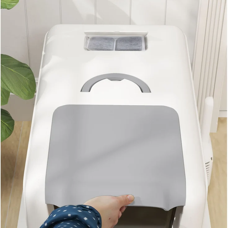 Katzentoilette mit Edelstahlwanne, Deckel & Streufilter, 40,5x60,5x41,5 cm, Weiß – Bild 7