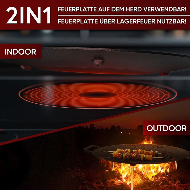 Feuerplatte 45 cm aus Gusseisen – mit abnehmbaren, 3-fach verstellbaren Füßen, massive Grillplatte für Feuerstelle, Plancha & Outdoor – Bild 7