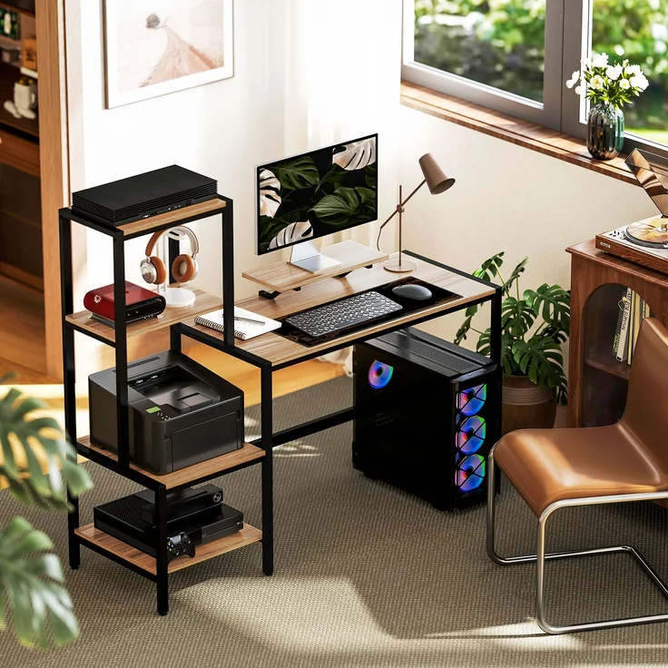 Computertisch mit Monitorständer, Schreibtisch mit 4-stufigem Regal, Industrielles Design, Braun--Braun--125x48x150cm--YOUDENOVA – Bild 4
