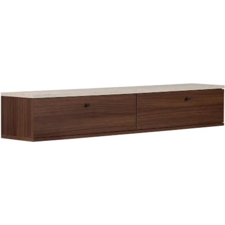 Hanah Home Stilvoller TV-Ständer, 160 cm, Travertin & Walnuss, 25 cm hoch | Strapazierfähige, melaminbeschichtete Spanplatte, inklusive Wandhalterung | Modernes Design fürs Wohnzimmer – Bild 6