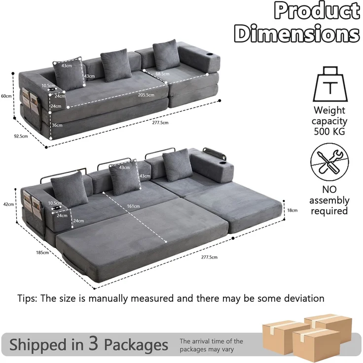 Schlafsofa aus Cord für bodennahes Sitzen, faltbar, Dunkelgrau，H 60 x T 277.5 x B 92.5 cm – Bild 5