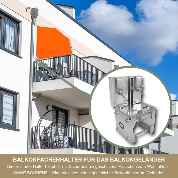 Balkonfächerhalter aus Edelstahl für Balkongeländer rund und eckig Fächerhalterung bis Balkonfächer 140 cm x 140 cm Markisenhalterung Balkon Halterung Markise sichere Befestigung am Geländer – Bild 2