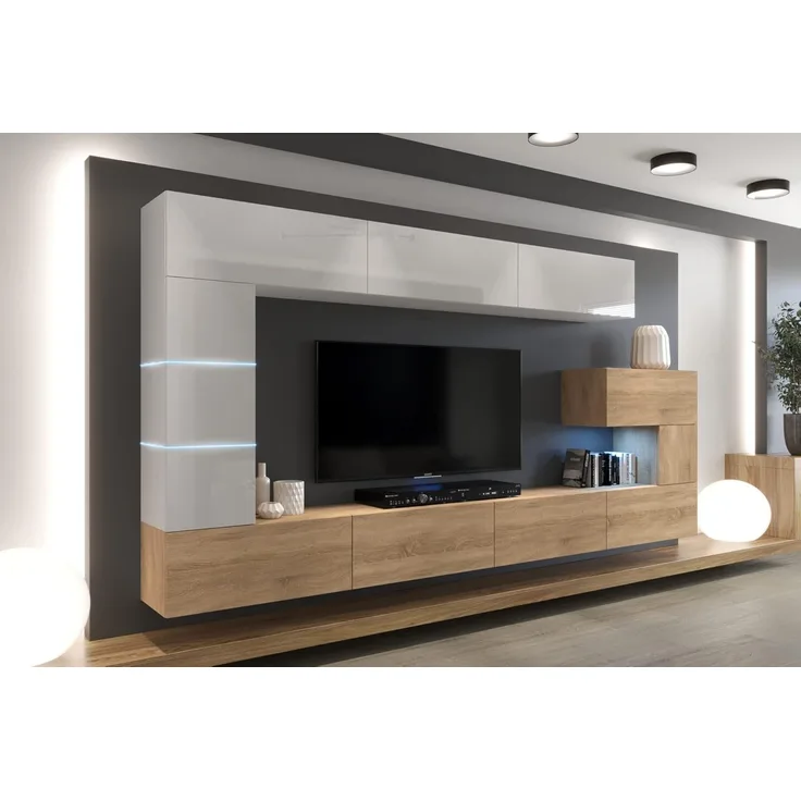Furnitech AN89 New Modernes Wohnzimmer Wohnwand Wohnschrank Schrankwand Mediawand Möbel (LED weiß, AN89NEW-21WS-HGM21)