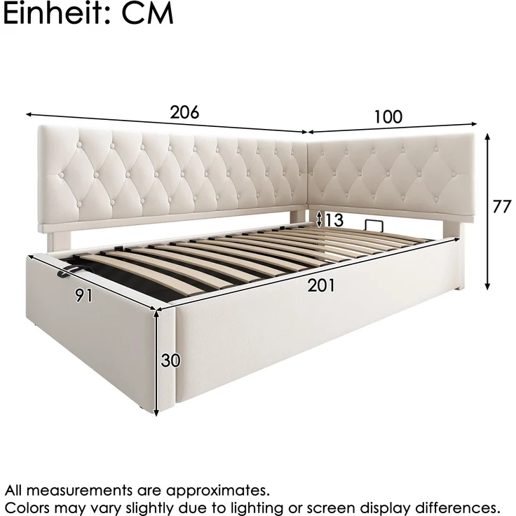 Polsterbett 90x200 cm aus Samt mit hydraulischem Stauraum – L‑förmiges Daybed, beige – Bild 7