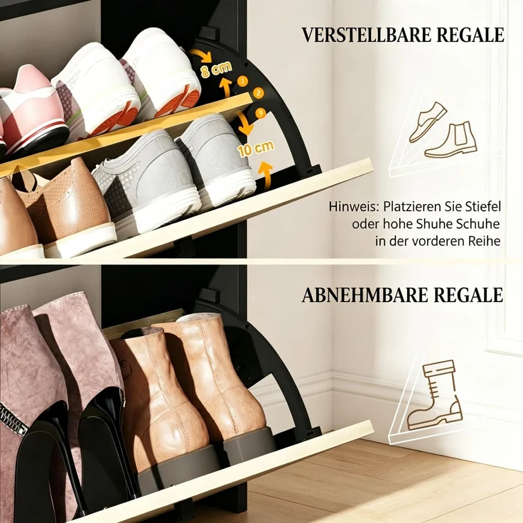 Schuhschrank 83x24x90,5 cm mit 2 Kippladen und Seitenfächern, Schwarz/Naturholzoptik – Bild 8