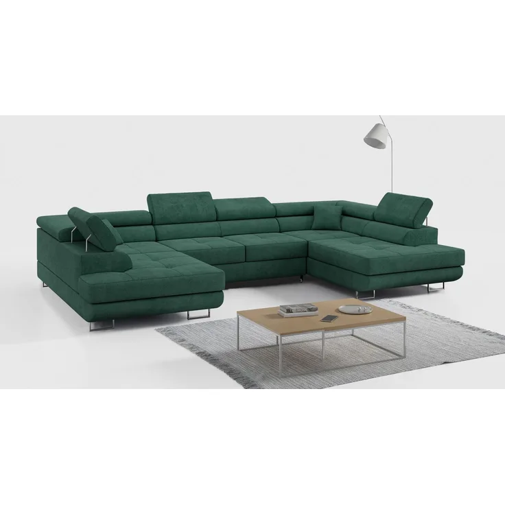 Ecksofa, Wohnzimmer U Couch, Polstersofa mit Bettkasten - GUSTAW-U - Grün Stoff