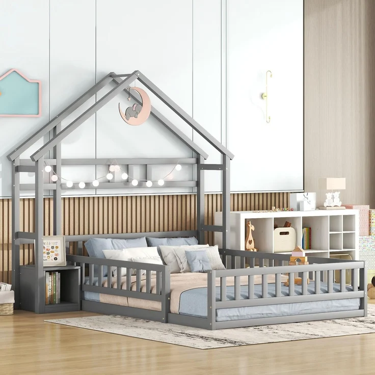 Kinderhausbett, Flachbett aus Kiefernholz mit Geländer, inklusive Nachttisch, stabiles Massivholzbett für Kinder,Grau – Bild 3