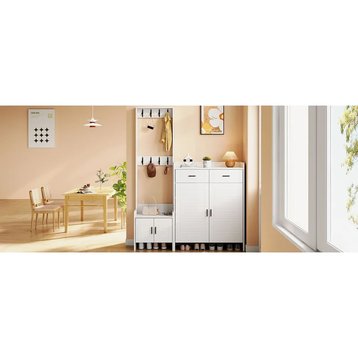 Faumrta Garderoben- und Schuhschrank-Set für den Eingangsbereich mit 2 Schubladen, 2 Schranktüren, 6 Ablagen und 8 Haken. Ideal für Flur und Eingangsbereich. Farbe: Weiß,125*36*165CM125CM*32CM*165CMWeißMDF (Medium-Density-Faserplatte) – Bild 8
