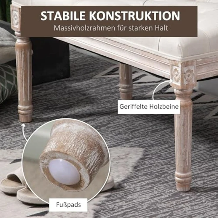 HOMCOM Fußhocker mit Leinenoptik, gepolstertem Sitz, Holzbein (Sitzhocker, 1 St, Polsterhocker), für Wohnzimmer, Schlafzimmer, Cremeweß – Bild 5