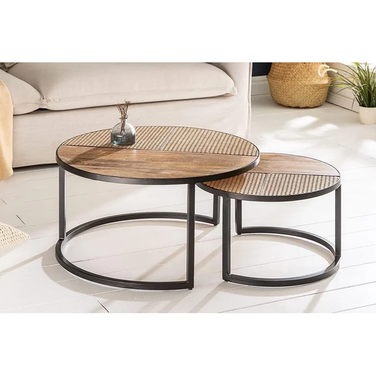 riess-ambiente Couchtisch VIENNA LOUNGE Ø70cm natur / schwarz (Set, 2-St), Wohnzimmer · Massivholz · Metall · rund · Rattan · Wiener Geflecht – Bild 3