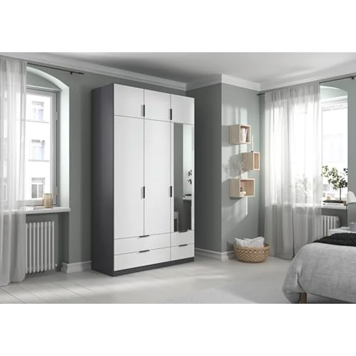 Rauch Möbel Lagoa, Kleiderschrank, Garderobe für Schlafzimmer, Kinderzimmer, Jugendzimmer 6-türig, mit Spiegel, 4 Schubladen, Farbe Weiß /Grau metallic, Schwarz, Breite 136 – Bild 3