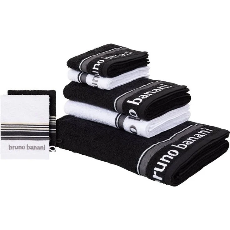 Bruno Banani Handtuch Set Maja, 1 Duschtuch, 2 Handtücher, 2 Gästehandtücher, 2 Waschhandschuhe, Walkfrottee (Set, 7-St), mit Bordüre und Markenlogo, 7 teiliges Handtücher Set, 100% Baumwolle – Bild 4