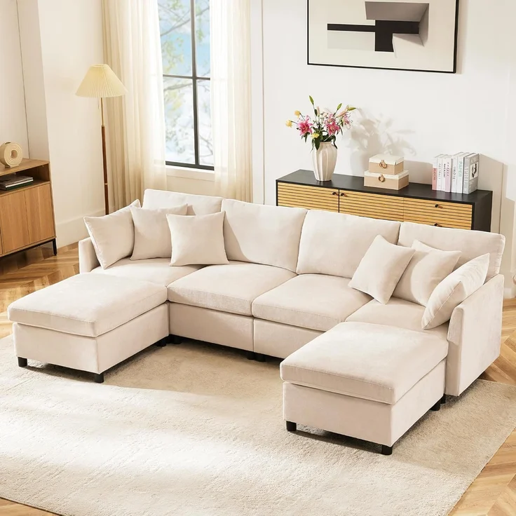 Ball & Cast U-förmiges Eckcouch mit Schlaffunktion, 4-Sitzer Sofa mit 2 Fußhocker für das Wohnzimmer Wohnung Villa, 278 x 81 x 161 (BxHxT), Beige – Bild 1