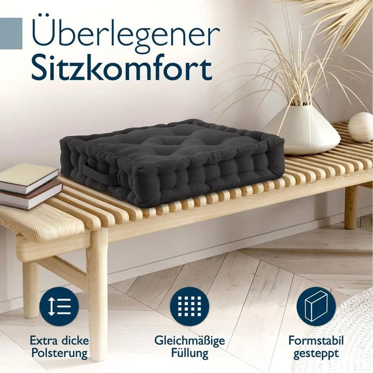 Beautissu Stuhlkissen 4er Set Bodenkissen Sitzkissen Mila, 40x40cm, Anthrazit, Matratzenkissen 10cm, 100% Baumwolle Stuhlkissen Indoor & Outdoor – Bild 2