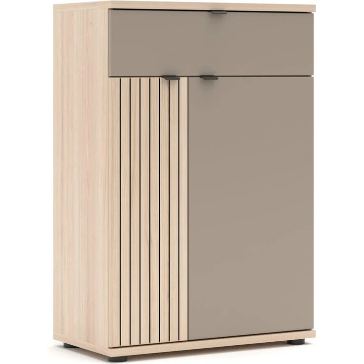 PISA Schuhschrank mit 1 Schubkasten, 2 Holztüren in Basalt matt mit Leistenoptik Riva Eiche – FSC-Zertifiziert – Modernes Schuhregal mit 3 Fachböden – 70 x 103 x 38 cm (B/H/T)