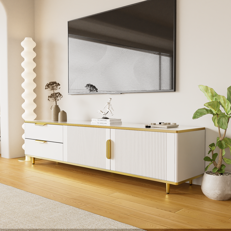 Moderner TV-Schrank 175 cm x 40 cm x 45 cm aus hochwertigem Material in Weiß mit goldenen Akzenten, 175x40x45cm – Bild 2