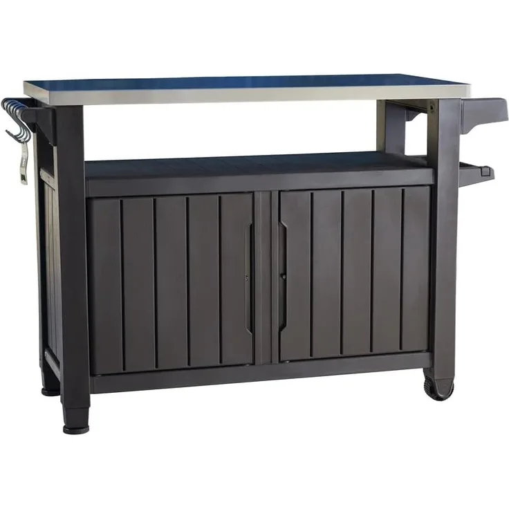 Keter Unity XL BBQ Beistelltisch, Abmessungen 134 x 51.7 x 89.6 cm, grau, wetterfest, Arbeitsplatte aus Edelstahl, Outdoor Sideboard, perfekt für das Grillen im Frühling