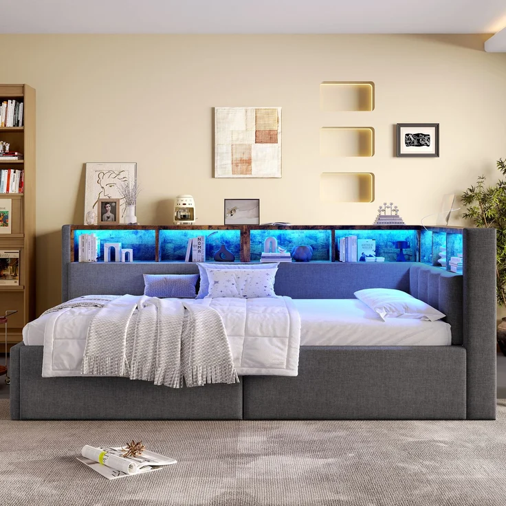 ZUBALIYA Schlafsofa / Tagesbett, mit hydraulische Aufbewahrungsfunktion und mehrfarbiger LED-Streifenbeleuchtung, 90 x 200 cm, Leinen, Grau, fürs Schlafzimmer, mit Stauraum, mit LED, Samt – Bild 5