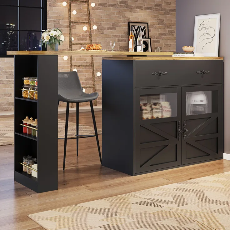 Ausziehbarer Bartisch Schwarz mit 360° Drehfunktion, MDF Tischplatte geprägt, Acryl-Türen, Aluminium-Griffe, Stauraum, 104cmx138-204cmx39cm