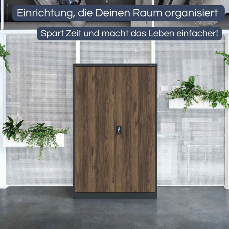 Aktenschrank abschließbar KADO - 5 Ebenen verstellbar, Flügeltüren | Metallschrank Werkstatt Mehrzweckschrank Büroschrank aus Stahl Werkzeugschrank, 185 x 115 x 40 cm Anthrazit-Nussbaum – Bild 3