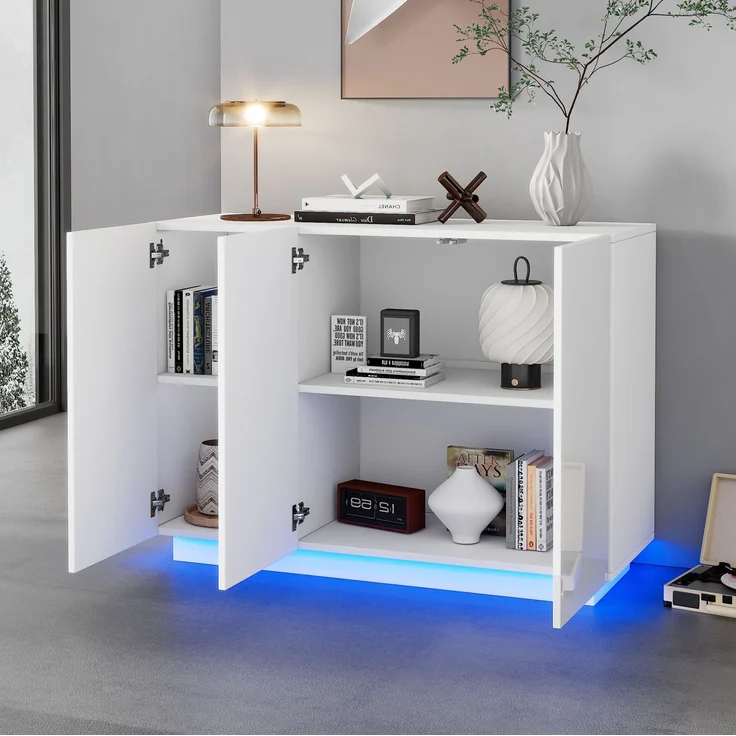 DESVIAE Sideboard mit LED-Beleuchtung und 3 Türen, 120x75x40 cm, Spanplatte, Weiß – Bild 3