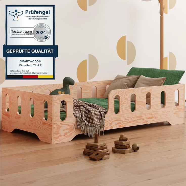 smartwood Bodenbett 90x200 Montessori Kinderbett aus Holz mit FSC-Zertifikat TILA 2L mit Rausfallschutz & Lattenrost bis 230kg belastbar - Einfache Montage