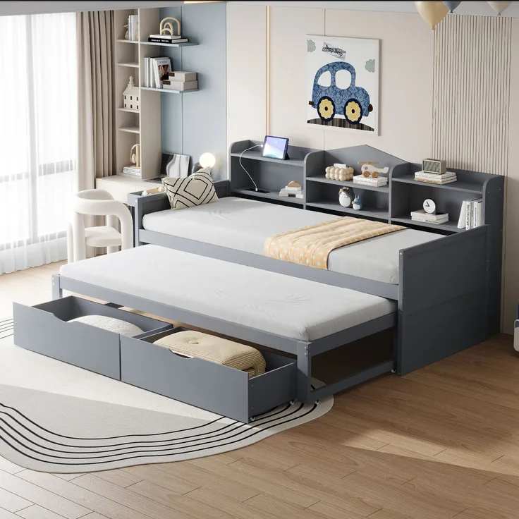 Schlafsofa mit Sitz- und Liegefläche 90x200 cm, Grau, Ausziehbett 90x190 cm und Stauraum