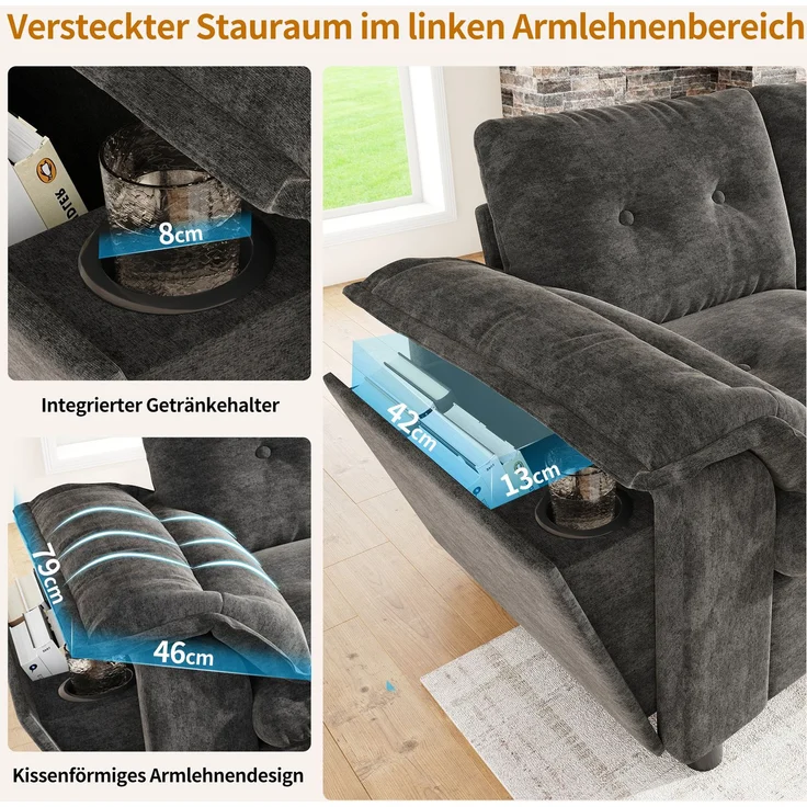 DESVIAE Sofa Modular Grau aus Chenille – 312x82x142 cm – Stauraum-Hocker, LED-Beleuchtung – Bild 5