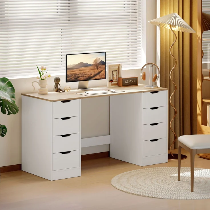 MELAYR, 140 cm Computertisch, 8 Schubladen, Schreibtisch für Homeoffice, Schlafzimmer, Stahl, Holz, Natur, Naturholz – Bild 3