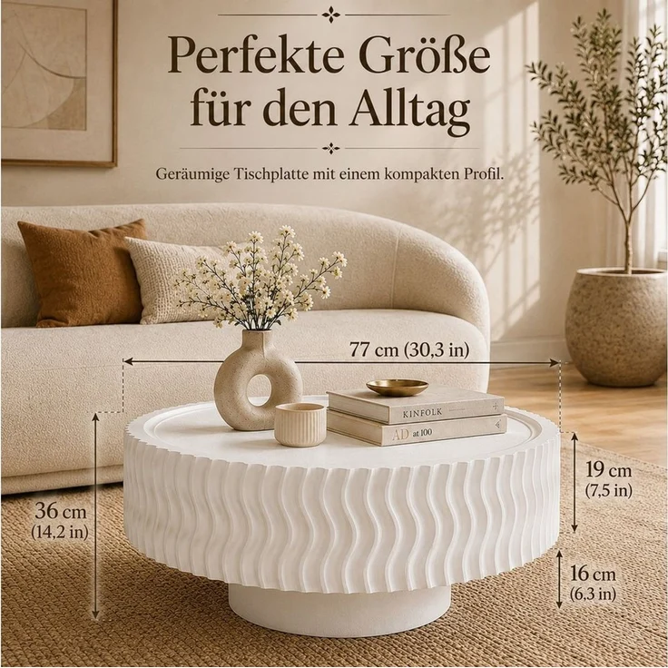 PEALOV Couchtisch mit erhöhtem Tischrand, moderner Sofatisch in Trommelform (1-St), mit Wellenstruktur und Holzmaserung, Ø 77 × H 36 cm – Bild 2