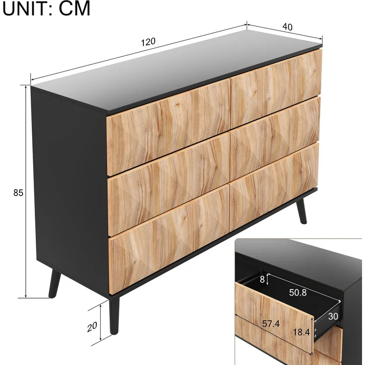 DESVIAE Sideboard mit 6 Schubladen 120x85x40 cm aus MDF und Spanplatte Schwarz/Natur – Bild 10