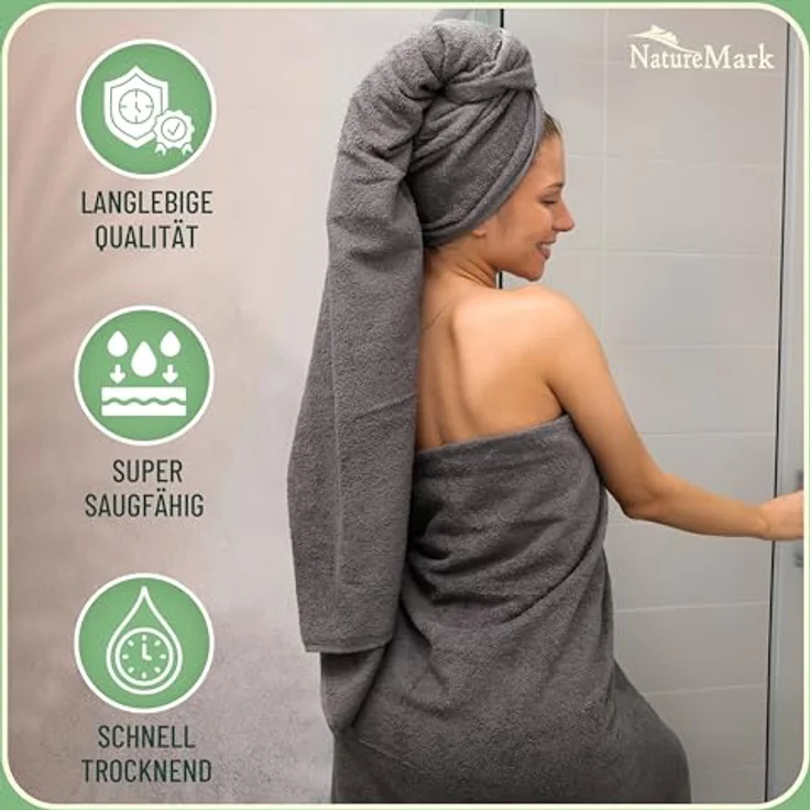 Green Mark Handtuch-Set mit 10 Teilen – 100% Baumwolle – 4 Handtücher 50 × 100 cm, 2 große Duschtücher 70 × 140 cm, 2 Gästetücher 30 × 50 cm und 2 Waschhandschuhe – Anthrazitgrau – Bild 5