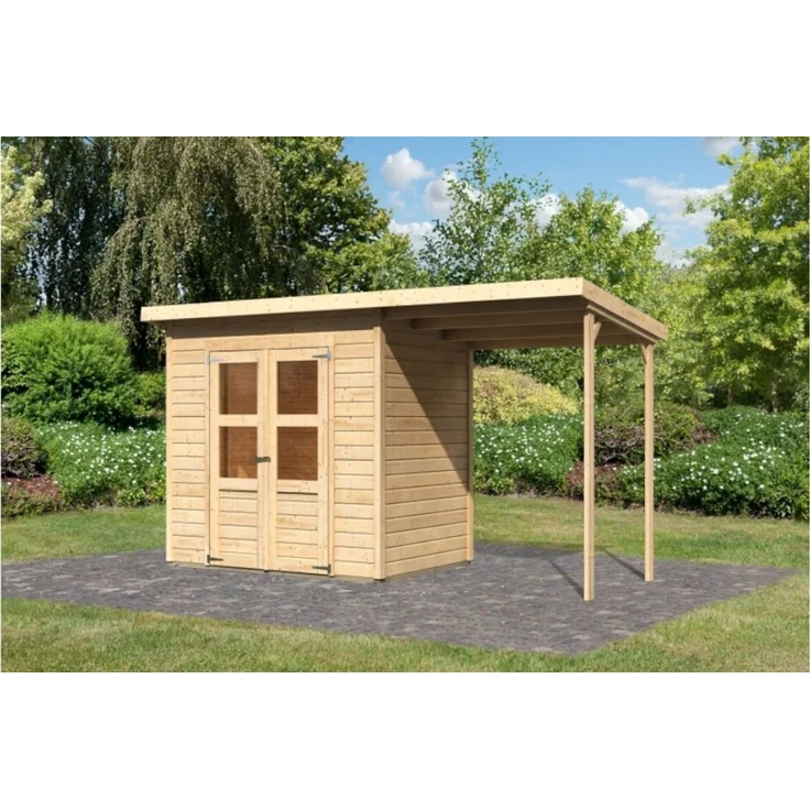 Karibu Holz Gartenhaus Set "Merseburg 3", naturbelassen, 2,1x1,5 m (B x T),mit Anbaudach – Bild 1