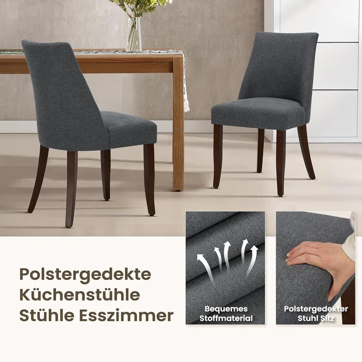 COLAMY Esszimmerstühle 4er Set, Moderne Küchenstuhl Polsterstuhl Stühle mit Rückenlehne, Stoff Dining Chairs mit Holzbeinen für Esszimmer, Küche, Restaurant mit Holzbeinen, Dunkelgrau – Bild 5