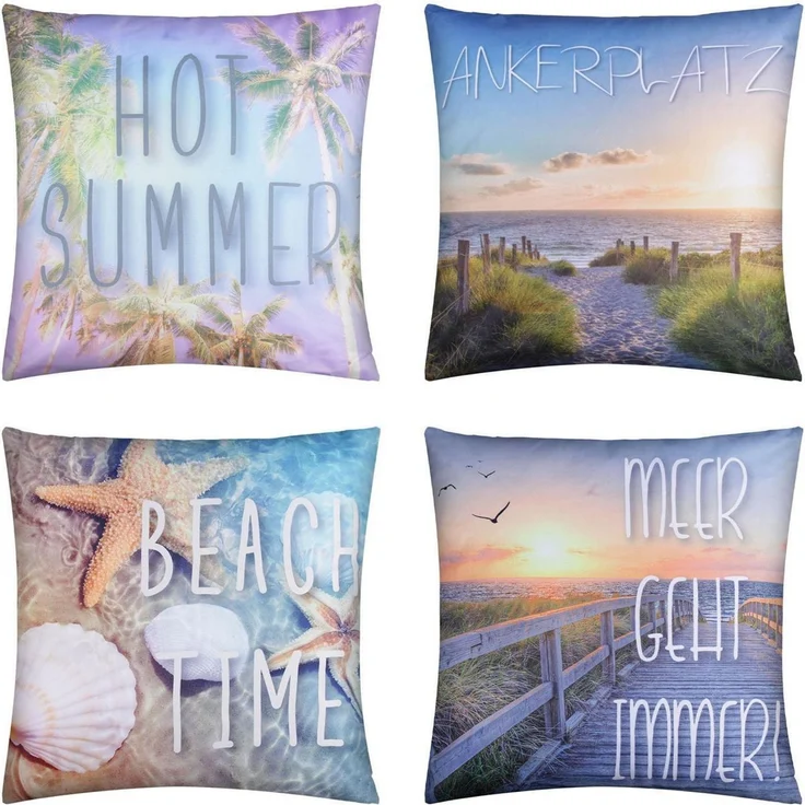 Outdoor Kissen mit Paspel ( 45 x 45 cm ) Dekokissen Garten - Reißverschluss - Schmutz- und Wasserabweisend - abnehmbarer Kissenbezug Beach Time 4er-Pack – Bild 9