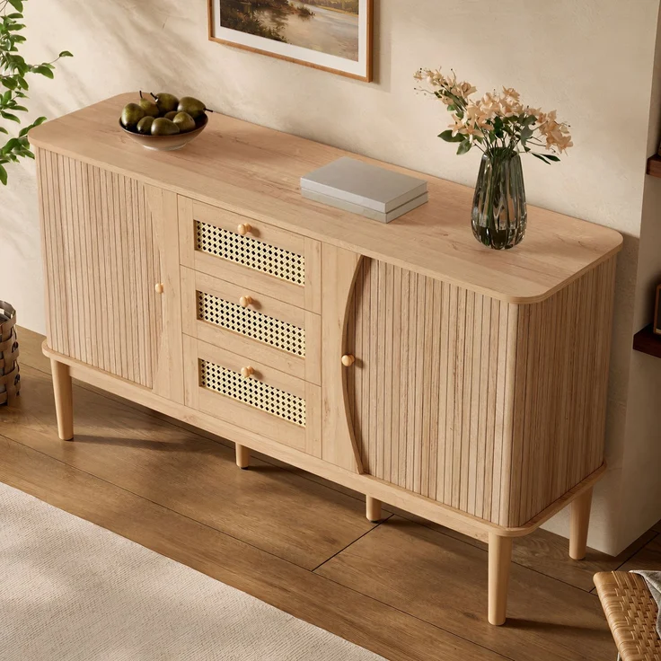 ZUBALIYA Kommode 141x40x77 cm, mit verstellbaren Einlegeböden, aus MDF, Natur – Bild 14