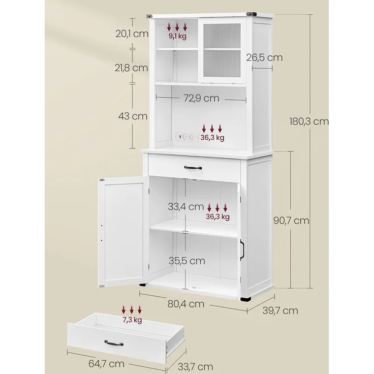 VASAGLE Sideboard mit Beleuchtung, Aufbewahrungsschrank, mit Türen und Schubladen, Küchenschrank, Kaffeebar, verstellbare Ablage, Landhausstil, wolkenweiß BBK363W21 – Bild 3