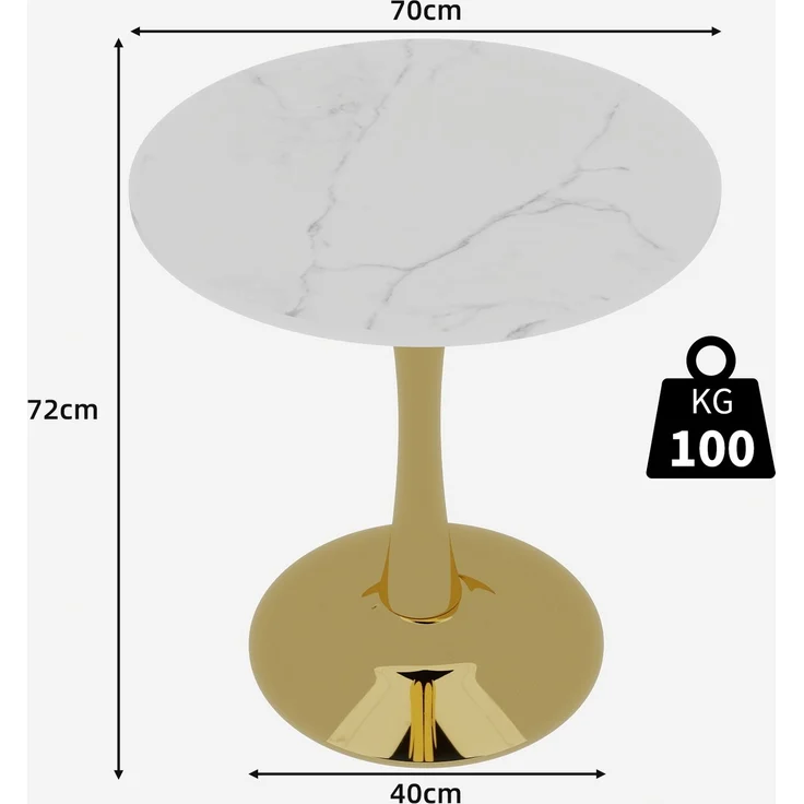 Novelux Couchtisch Gold Marmor Optik Rund 70 cm – Mid-Century Modern Esstisch für 2-4 Personen, Weißes Marmordekor – Bild 2