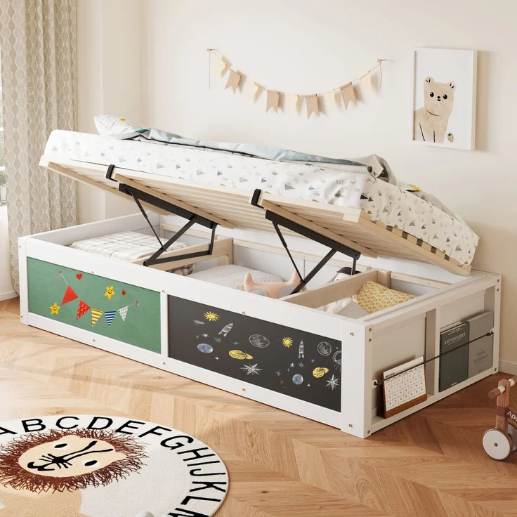 EINHOM Holzbett 90 x 200 cm, Holz, mit Hydraulischer Verstellung, Schreibplatte und Filzbezogener Oberseite, mit Stauraum für Bücher, Links/Rechts Montierbar, Einzelbett, Kinderbett, Weiß, (Ohne Matratze) – Bild 1