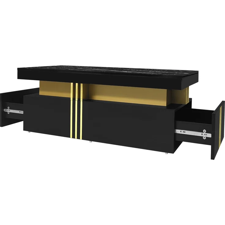 DESVIAE TV-Schrank-Set mit Couchtisch, 200x42x40 cm und 100x40x50 cm, Spanplatte, Schwarz, mit 5 Schubladen – Bild 8