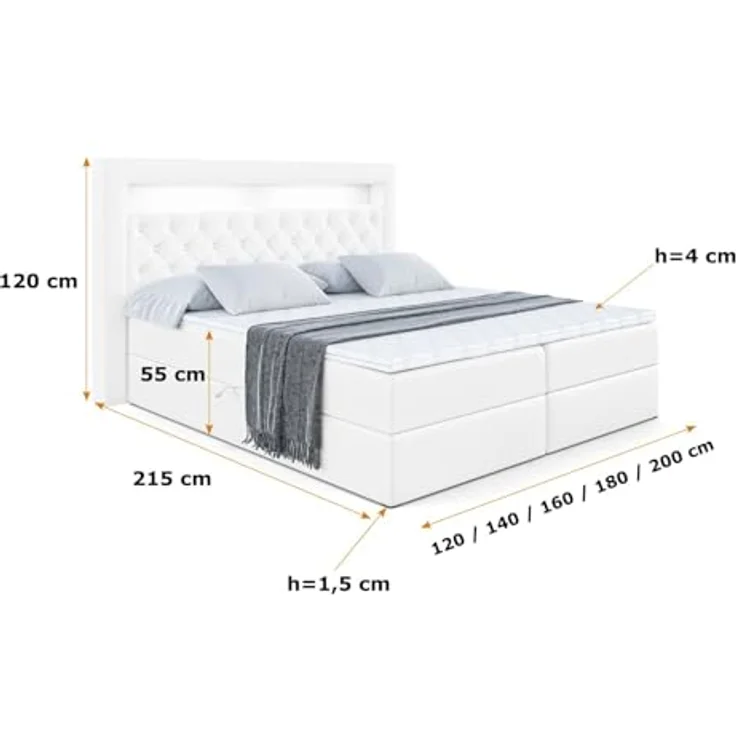 ALTDECOR Boxbett, Weiß Hochglanz, 200x200 cm, mit LED Licht, zwei Bettkästen, 21 cm hoch, Härtegrad H4, inklusive Topper und abnehmbaren Bezug – Bild 2