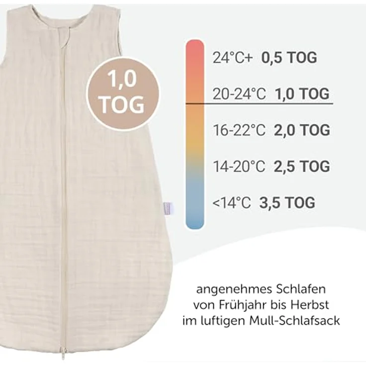 Makian Musselin-Schlafsack, atmungsaktiver Babyschlafsack mit TOG 1.0, beige, Gr. 100 cm – Bild 3