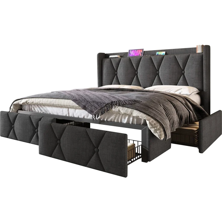 Polsterbett 140×200 cm aus Leinen-Stoff mit USB-Anschluss, vier Schubladen und Matratze, grau – Bild 5