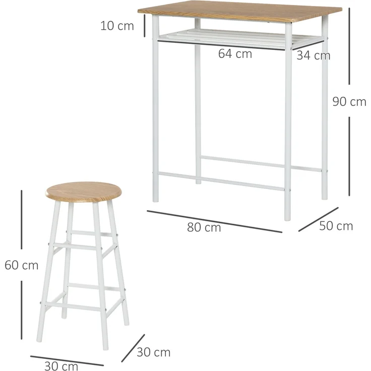 Bartisch-Set 80 x 50 x 90 cm mit 2 Hockern und Ablagefach – Essgruppe aus MDF und Metall in Weiß – Bild 4