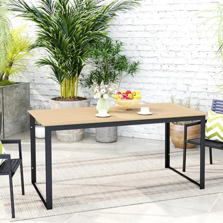 Outsunny Gartentisch, Teakfarbe mit Lamellen-Tischplatte, 80x75x160 cm, für 6 Personen, pulverbeschichtet, wetterfest – Bild 2