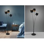 Stehleuchte TOMMY 3 flammig Metall, Stoffschirm Schwarz Gold, Höhe 150cm