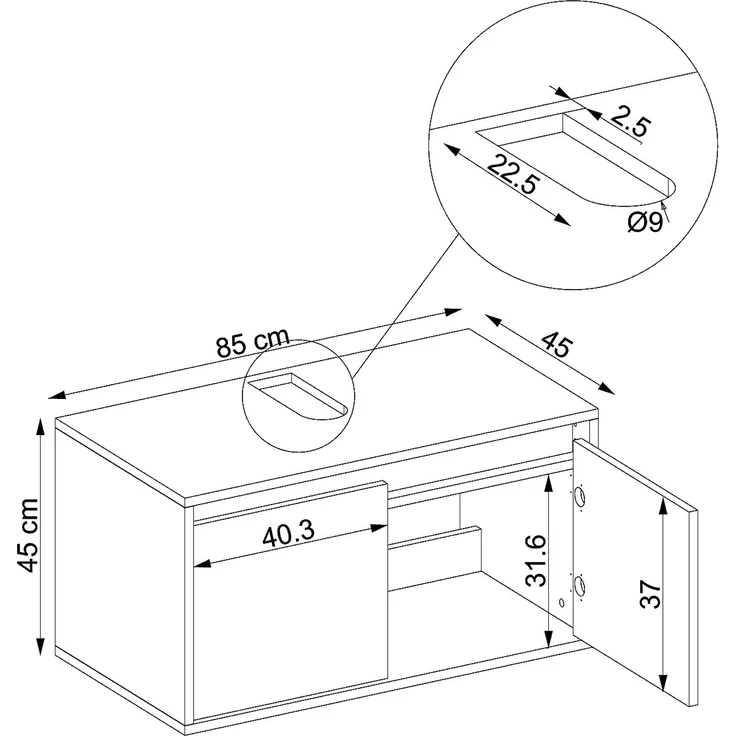 Roomart ATLANTIC-85 Badmöbel - nur Unterschrank - H 45 x B 45 x T 85 cm • Schwarz-Eiche – Bild 5