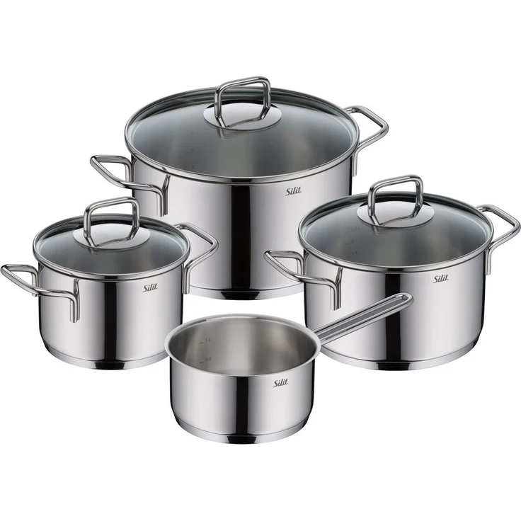 Silit Topf-Set Extra Cook Induktion, Kochgeschirr-Set mit Glasdeckel, Innenskalierung, Edelstahl 18/10 (Set, 7-tlg, 3x Kochtöpfe 16/20/24 cm mit Deckel, 1x Stielkasserolle 16 cm), SiliTherm Universalboden, breiter Schüttrand, spülmaschinengeeignet – Bild 1