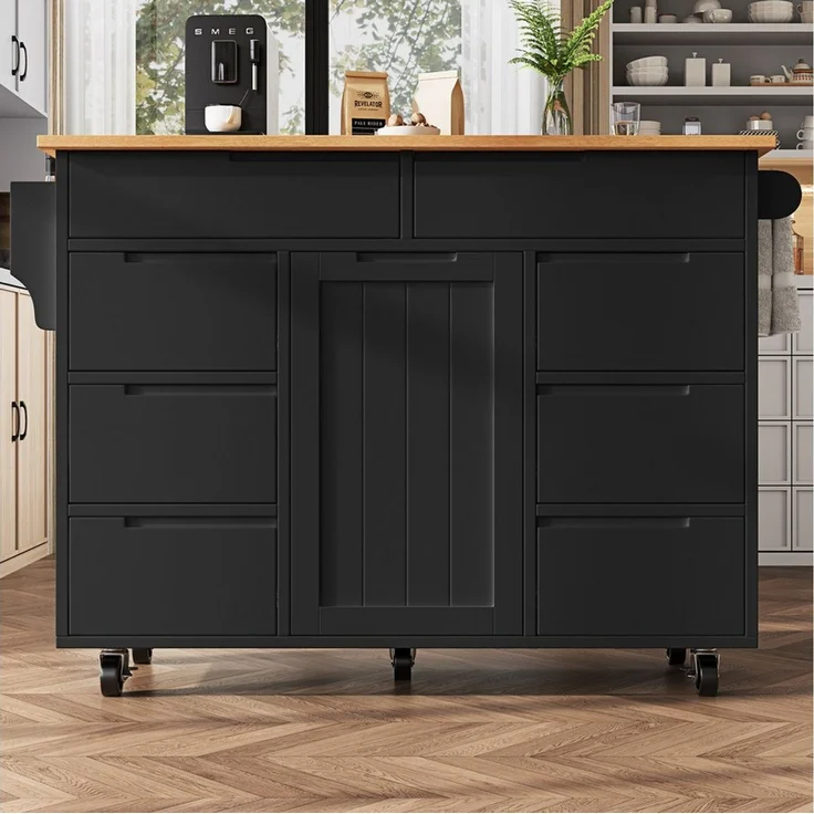 Flieks Küchenwagen mit erweiterbare Arbeitsplatte, Rollen und Gewürzregal, (1 St), Servierwagen mit 8 Schubladen Kücheninsel Buffetschrank Schwarz – Bild 3