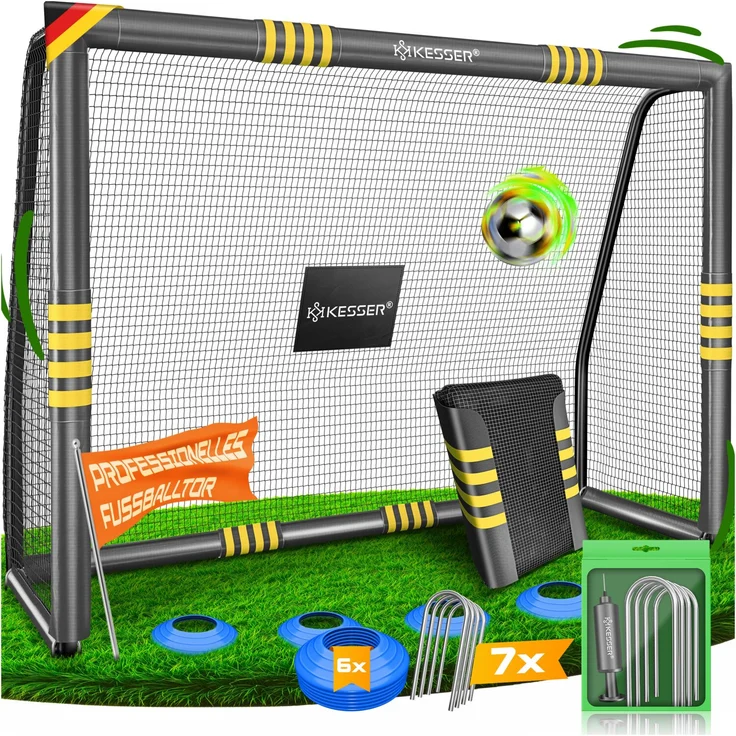KESSER® Fußballtor für Garten robustes Outdoor Training Schusstraining UV-beständigem Netz, Stahlrahmen mit Polsterung, Erdhaken, Luftpumpe, Hüttchen, Montagezubehör für Kinder und Erwachsene Anthrazit, 240cm, Ohne Torwand – Bild 1